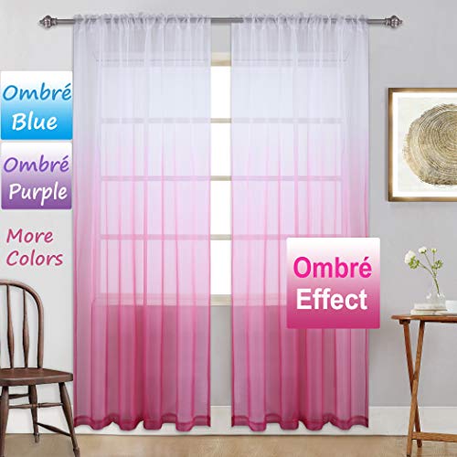 Product Cover Pink Sheer Curtains for Little Girls Kids Room Bedroom Ombre Gradient Window Panel for Princess Teenage Daughter Closet-Sheer Backdrop Curtain Drape for Wedding Party Decoration 84 Inch Pink and White