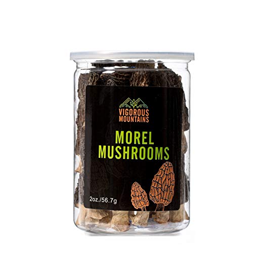 Product Cover VIGOROUS MOUNTAINS Wild Dried Morel Mushrooms 2 Ounce Morchella Conica 3-8cm Size Sealed Jar Premium Grade AAA