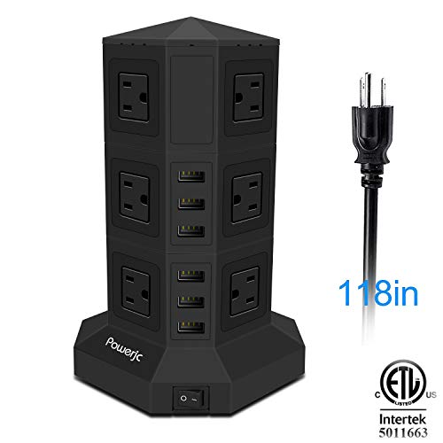 Product Cover Tower Power Strip Surge Protector 12 AC Outlets with 6 Ports USB Chargers Black-Powerjc