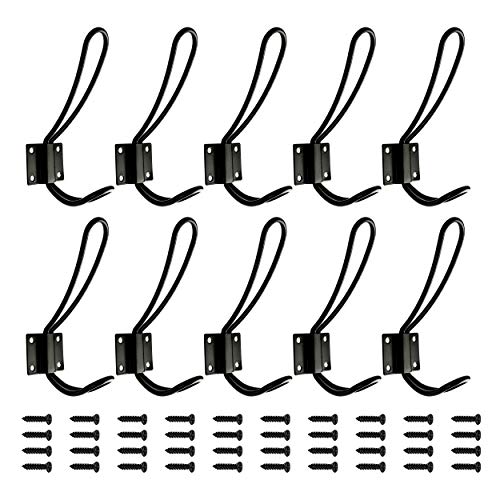 Product Cover Rustic Entryway Hooks | 10 Pack of Black Wall Mounted Vintage Double Coat Hangers with Large Metal Screws Included | Hard Industrial Heavy Duty Hook Set | Best for Farmhouse Shabby Chic Hanging Look