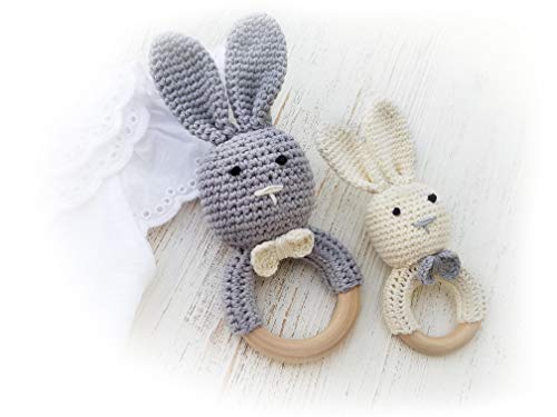 Product Cover Natural Wooden Baby Toys Cotton Crochet Bunny Teething Ring Teether Rattle Set of 2 Newborn Unisex (Grey Mama White Baby)