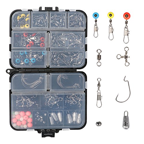 Product Cover RUNCL Fishing Terminal Tackle, Fishing Tackle Box with Barrel Swivels, Safety Snaps, Off Set Hooks, Fishing Weights, Fishing Beads and Swivel Slides for Saltwater (Pack of 170)