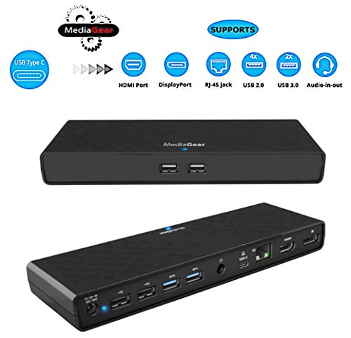 Product Cover MediaGear USB C Docking Station w/ 45W Laptop Power Delivery: Dual HDMI+DisplayPort, USB 3.0/2.0, Ethernet, Audio/Mic Jack, Bundle: 65W AC Adapter, C-C Cable, C-A Dongle for Mac & Windows OS