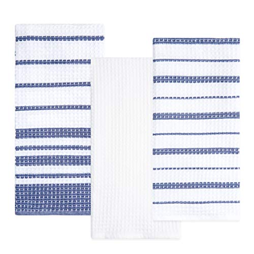 Product Cover Sticky Toffee Cotton White Waffle Weave Kitchen Dish Towels, 3 Pack Kitchen Towels, 28 in x 16 in, Absorbent Towels, Drying Towels, Cleaning Towels, Blue