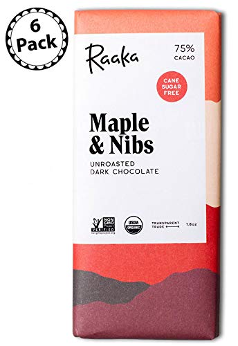 Product Cover Raaka Chocolate Maple & Nibs Dark Chocolate 75% Cacao (1.8oz Bar - 6 Pack), Organic, Non-GMO, Kosher Premium Craft Artisan Chocolate, Vegan, Gluten and Soy Free, Bittersweet, Bean-to-Bar Chocolate