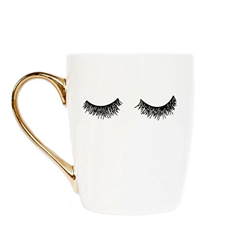 Product Cover Sweet Water Decor Eyelashes Coffee Mug with Gold Handle | Eyelash Mug Cute Mugs Eyelashes Mug Wink Mug Girly Coffee Cup, 16 oz (White)