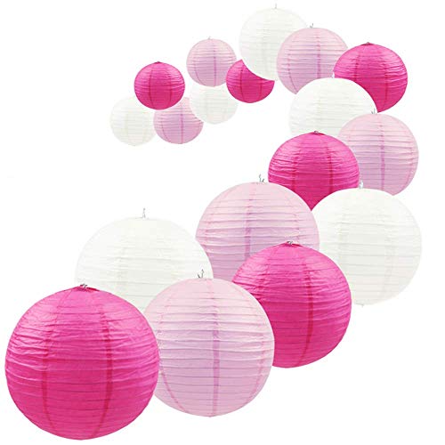 Product Cover UNIQOOO 18Pcs Premium Pink Paper Lantern Set,5 Assorted Size, Reusable Hanging Decorative Japanese Chinese Paper Lanterns,Easy Assembly,for Birthday Wedding Baby Shower Christmas Party Decor Supplies