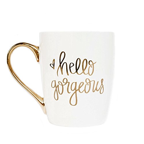 Product Cover Sweet Water Decor Hello Gorgeous Coffee Mug with Gold Handle | Tea, Coffee & Hot Beverage Good Morning Beautiful Gifts, 16 fl. oz