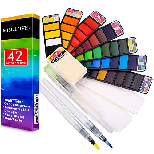 Product Cover Watercolor Paint, 42 Colors, with 3 Brushes Pens and Palette, Foldable, Travel Portable Watercolor Paint Set, for Professional Artists, Kids, Adults Drawing, Sketch Painting Supplies