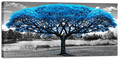 Product Cover Large Black White Blue Tree Canvas Wall Art Living Room Big Print Picture Painting Abstract Nature Landscape Decoration Modern Framed Artwork Home Office Bedroom Decor 30x60in