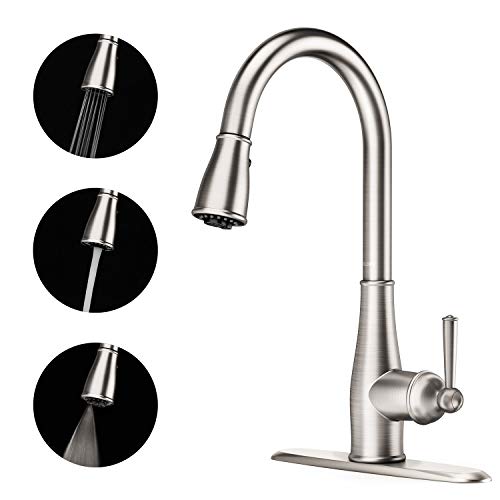 Product Cover Full Copper Kitchen Faucet - 3 Function Spray Single Handle High Arc Brushed Nickel Pull out Kitchen Faucet, Lead Free Anti-Fingerprint Kitchen Sink Faucets with Pull down Sprayer