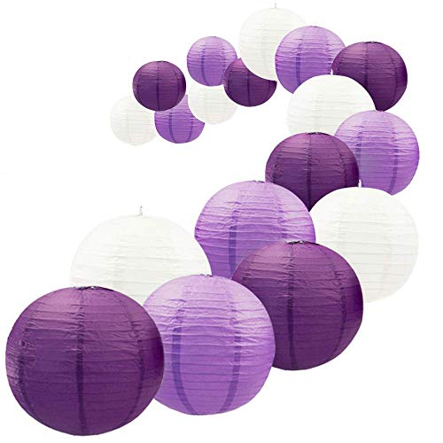 Product Cover UNIQOOO 18Pcs Royal Purple Paper Lantern Set,5 Size Mix,Reusable Hanging Decorative Japanese Chinese Lantern Lamps,Easy Assembly,for Birthday Wedding Baby Shower Christmas Party Decor Supplies Kit