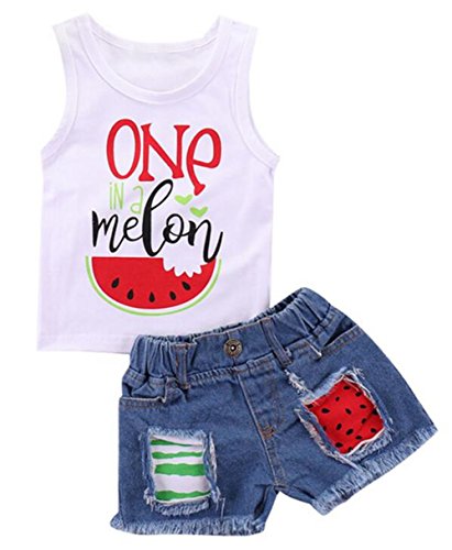 Product Cover Little Girls One in A Melon Watermelon Vest Tank Tops + Tassel Denim Shorts Size 12-18 Months/Tag90 (White)