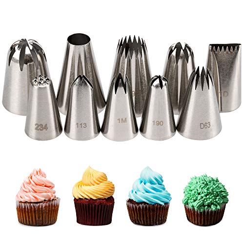 Product Cover Kayaso Cake Decorating Icing Piping Tip Set, 10 X-large Decorating Tips Stainless Steel Plus 20 Disposable Pastry Bags