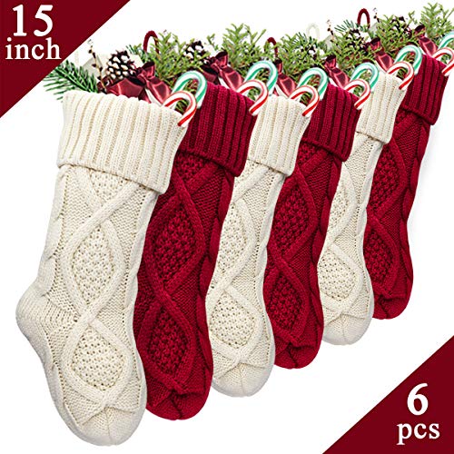Product Cover LimBridge Christmas Stockings, 6 Pack 15 inches Small Size Cable Knit Knitted Xmas Rustic Personalized Stocking Decorations for Family Holiday Season Decor, Cream or Burgundy