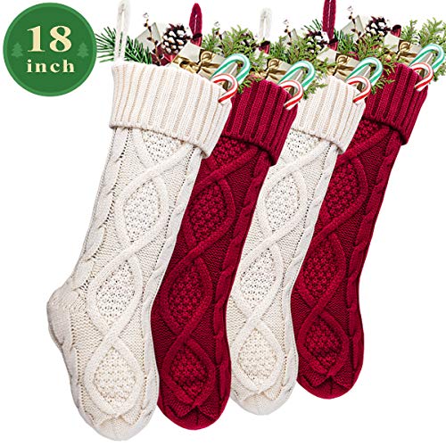 Product Cover LimBridge Christmas Stockings, 4 Pack 18 inches Large Size Cable Knit Knitted Xmas Rustic Personalized Stocking Decorations for Family Holiday Season Decor, Cream or Burgundy