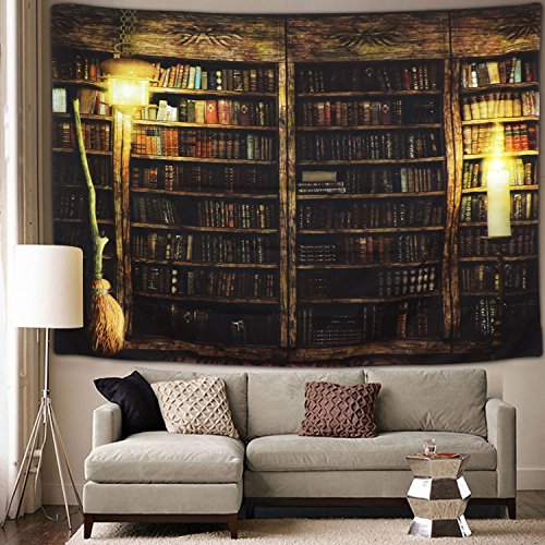 Product Cover Vintage Library Bookshelf Tapestry Wall Hanging Study Room Picture Art Print Tapestry Retro Bookshelf Wall Art Bohemian Hippie Wall Tapestries for Bedroom College Dorm Decor