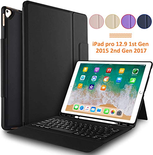 Product Cover IVSO Keyboard Case for ipad pro 12.9-Lightweight One-Piece Wireless Keyboard Stand Case Cover with Pencil Slot for Apple ipad pro 12.9 inch 1st Gen 2015 ipad pro 12.9 inch 2nd Gen 2017 Tablet(Black)