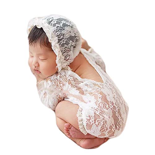 Product Cover Baby Photography Props Lace Hats Rompers Newborn Girl Photo Shoot Outfits Hat Set Infant Princess Costume (White)