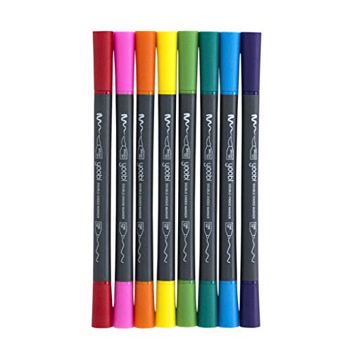 Product Cover Yoobi Double-Sided Markers 8-Pack | Double-End, Fine & Brush Tips | Washable | Non-Toxic | Great for Coloring or Caligraphy