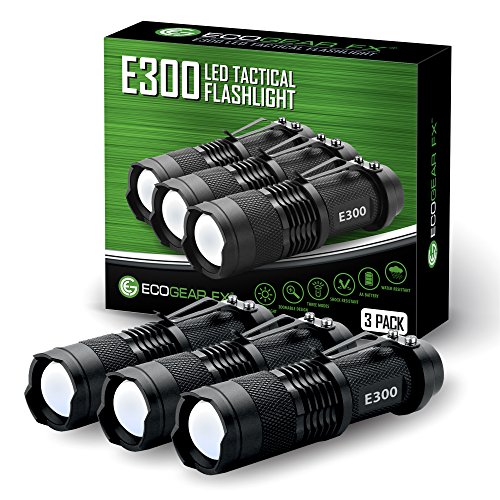 Product Cover Small EDC Tactical Flashlight - EcoGear FX E300 Everyday Carry LED Flashlight with 3 Light Modes and Zoom - Great Pocket Flashlight and Birthday Gift for Men Dad (3 PACK)