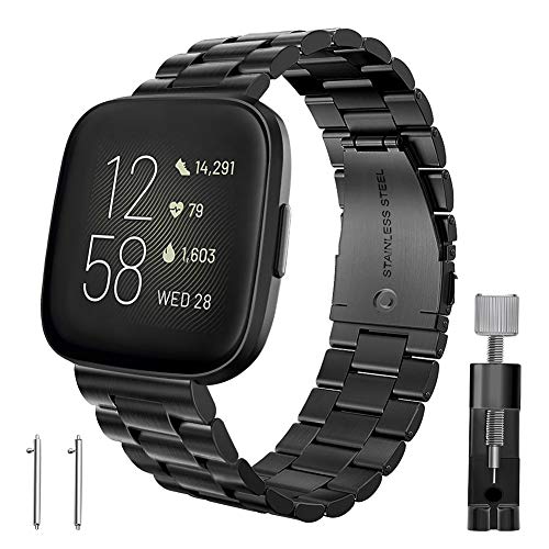 Product Cover Kmasic Compatible with Fitbit Versa 2 Bands, Stainless Steel Metal Replacement Bracelet Starp Band for Versa Sports Smart Watch Fitness, Black