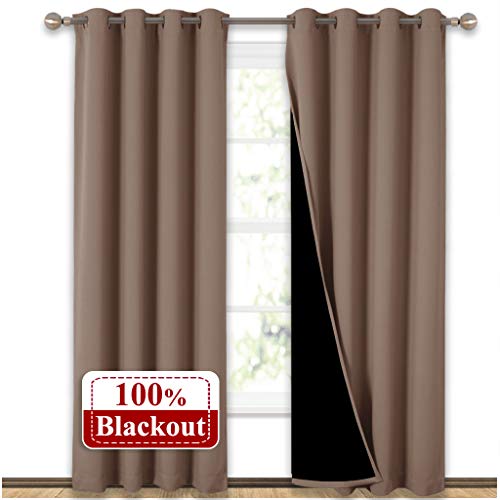 Product Cover NICETOWN Complete Blackout Shades for Large Window Door, 100% Blackout Window Curtain Panels with Black Lined, 52 inches Width Each Panel, 95 inches Length, Taupe, Double Pieces