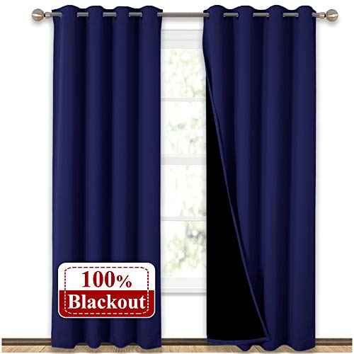 Product Cover NICETOWN 100% Blackout Curtain Set, Thermal Insulated & Energy Efficiency Window Draperies for Guest Room, Full Shading Panels for Shift Worker and Light Sleepers, Navy Blue, 52W x 84L, 2 PCs