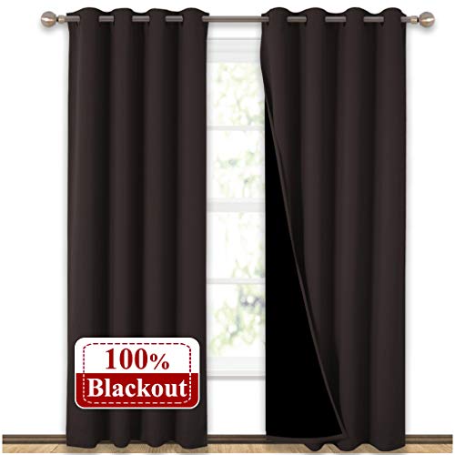Product Cover NICETOWN Heat Blocking 100% Blackout Curtains, Durable Black Lined Blackout Curtains for Bedroom, Energy Saving Long Curtains for Patio Sliding Glass Door, Brown, 52 inches x 95 inches, 2 Panels