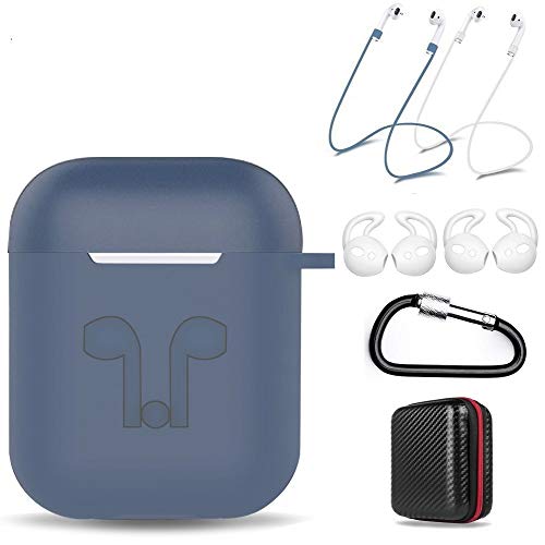 Product Cover amasing AirPods Case 7 in 1 for Airpods 1&2 Accessories Kits Protective Silicone Cover for Airpod Gen1 2 (Front Led Visible) with 2 Ear Hook /2 Staps/1 Clips Tips Grips/1 Zipper Box Navy Blue