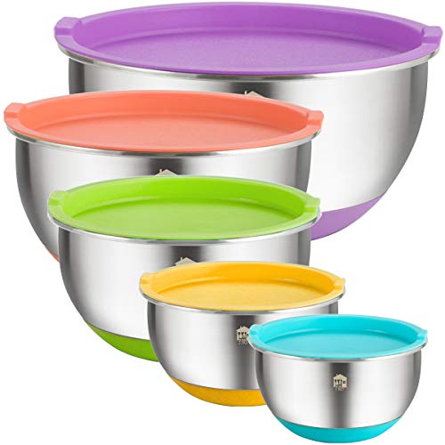 Product Cover Mixing Bowls Set of 5, Wildone Stainless Steel Nesting Mixing Bowls with Lids, Non-Slip Silicone Bottom, for Mixing & Beating, Stackable Storage (1.5, 2.0, 3.0, 4.0, 5.0 qt)
