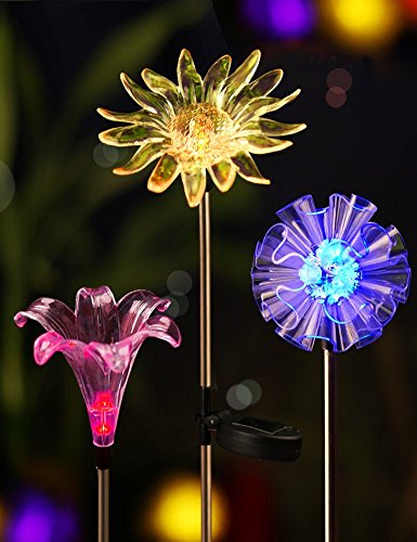 Product Cover Quace 3-Pack LED Solar Powered Stake Lights for Garden, Patio, Backyard (Dandelion, Lily, Sunflower)