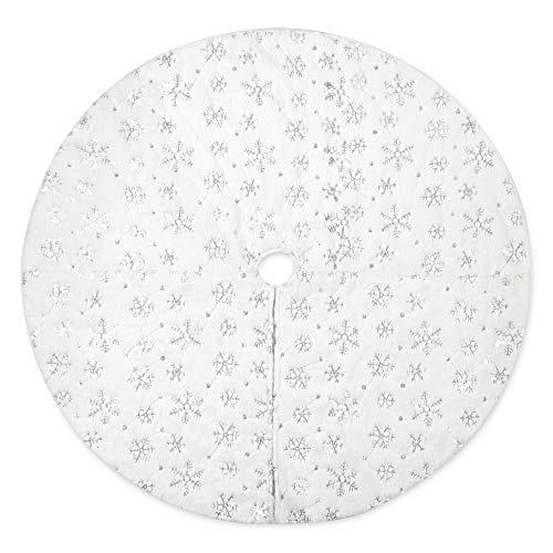 Product Cover iPEGTOP 48 inch Christmas Tree Skirt, Luxury Snowy White Faux Fur Skirt with Silver Shiny Sparkly Sequins Snowflakes for Holiday Decorations