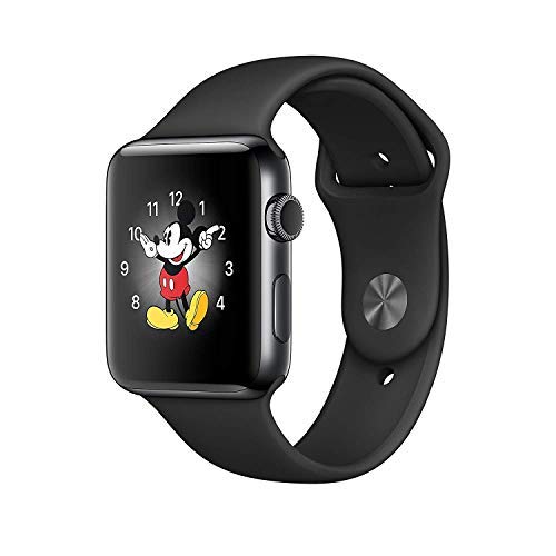 Product Cover Apple Watch Series 3, 42MM, GPS + Cellular, Space Black Stainless Steel Case, Black Sport Band (Renewed)