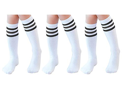 Product Cover Knee High Tube Socks for Boys, Girls, Baby, Toddler & Child 3 Pairs(Black Strips,16.5in/42cm(8-12Years))
