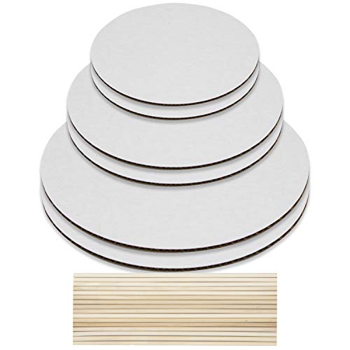 Product Cover Cake Boards and Wooden Dowels, Set of 6 Cardboards Cake Circle Bases, 6,8, and 10 inch, 2 of Each Size, with 16 Dowels - Supplies for Two 3 Tier Cakes