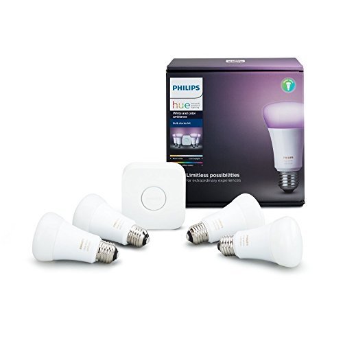 Product Cover Philips Hue White and Color Ambiance A19 60W Equivalent LED Smart Bulb Starter Kit, 4 A19 Bulbs and 1 Hub Compatible with Amazon Alexa Apple HomeKit and Google Assistant, (All US Residents)