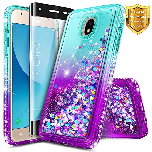 Product Cover NageBee Case for Samsung Galaxy J7 Crown, J7 Star/J7 Refine/J7 2018/J7 TOP/J7 V 2nd Gen/J7 Aura/Aero with Tempered Glass Screen Protector for Girls Kids Women, Glitter Liquid Cute Case -Aqua/Purple