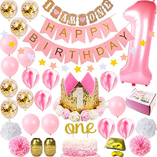 Product Cover 1st Birthday Girl Premium Decorations | Girls First Party Supplies Set | Princess Pink Gold Theme Kit | Happy Birthday Banner, 1 Year Tiara Crown Hat One Cake Topper, Number, Marble, Confetti Balloons