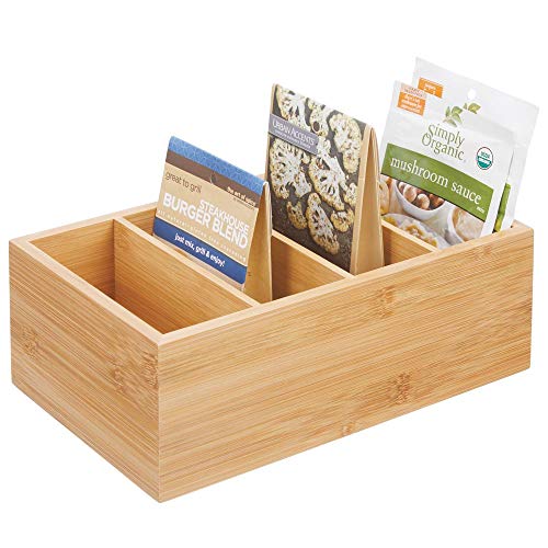 Product Cover mDesign Bamboo Wood Compact Food Storage Organizer Bin Box - 4 Divided Sections - Holder for Seasoning Packets, Pouches, Soups, Spices, Snacks - Natural
