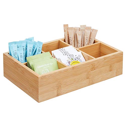 Product Cover mDesign Bamboo Wood Compact Tea & Food Storage Organizer Bin Box - 6 Divided Sections - Holder for Tea Bags, Coffee, Packets, Sugar/Sweeteners and Small Packets - Natural