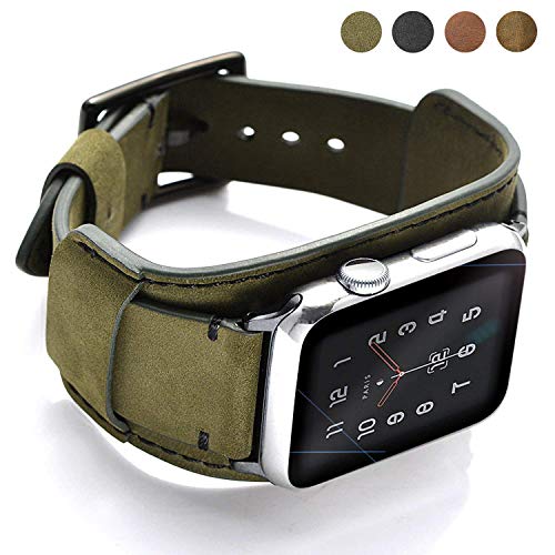 Product Cover Coobes Compatible with Apple Watch Band 44mm 42mm Men Women Genuine Leather Compatible iWatch Bracelet Wristband Strap Compatible Apple Watch Series 5/4/3/2/1 (Crazy Horse Cuff Army Green, 44/42 mm)