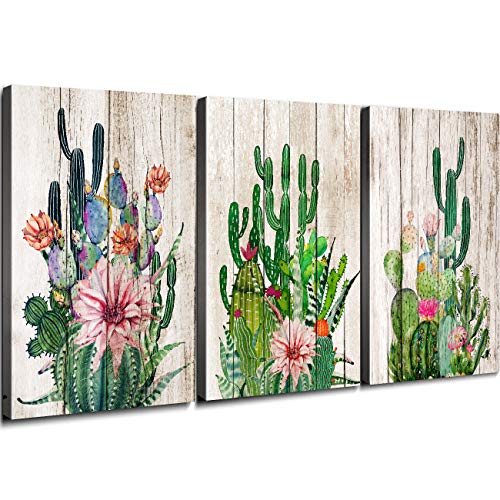 Product Cover YOOOAHU Cactus Decor Bathroom Canvas Prints Wall Art Green Tropical Desert Fleshy Plant Watercolor Paintings Hand Painted on Canvas Set of Three 12