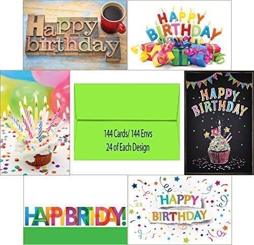 Product Cover 144 Blank Birthday Card Assortment Box Set Bulk with A4 Envelopes and Cards 24 Each Design for Employees, Office, or Clients, Blank Inside, Made in USA