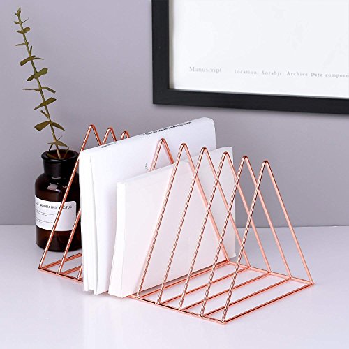 Product Cover Reliancer File Organizer Triangle Iron Desktop Storage Book Rack Bookshelf Copper Magazine Newspaper Holder Art Desktop Organizer Wire Collection 9 Section for Office Home Decoration(Rose Gold)