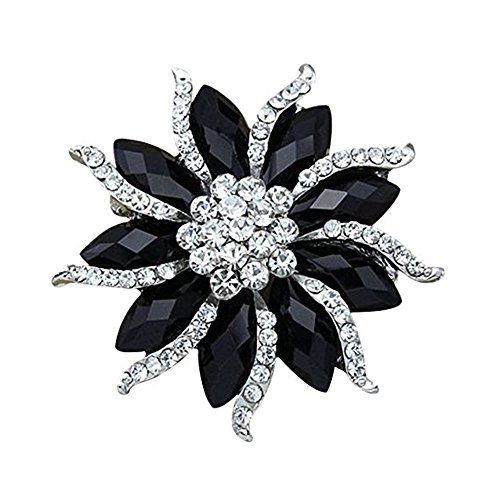 Product Cover Blossom Flower Rhinestone Brooch Pin Black Crystal Collar Pin Scarves Shawl Clip for Women Lady