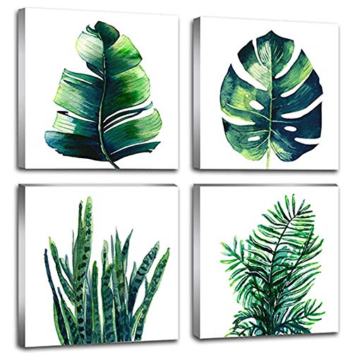 Product Cover Bedroom Wall Art Home Decor Palm Leaves Bathroom Set of 4 Pcs 12 × 12 Inch Watercolor Painting Pictures Modern Framed Canvas Prints Boho Tropical Plant Leaves Botanical Green Leaf Kitchen Decoration