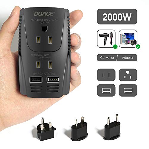 Product Cover Upgraded DOACE C11 2000W Travel Voltage Converter for Hair Dryer Straightener Curling Iron, Step Down 220V to 110V, 10A Power Adapter with 2 USB and EU/UK/AU/US Plugs for Laptop Camera Cell Phone