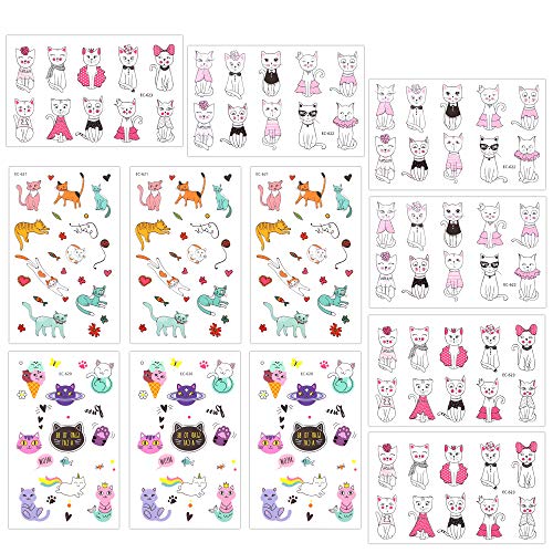 Product Cover Temporary Tattoos for Girls Kids Women(180pcs), Konsait Cute Kitty Cat Tattoos Waterproof Body Art Sticker Great Birthday Party Favors Kids Party Accessories Goodie Bag Stuffers Party Fillers Gift