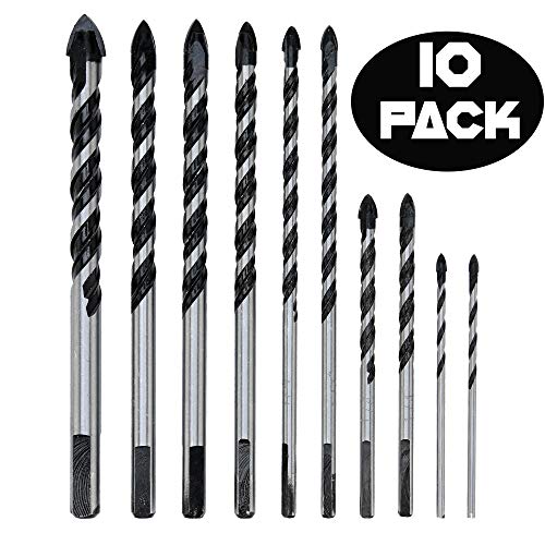 Product Cover 10 Piece Masonry Drill Bits Set (TILE, BRICK, CEMENT, CONCRETE, GLASS, PLASTIC, CINDERBLOCK, WOOD) Chrome Plated with Industrial Strength Carbide Tips - BONUS STORAGE CASE INCLUDED